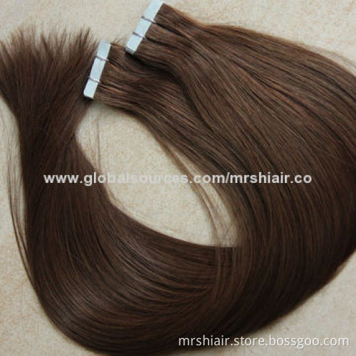 20-Inch dark brown color human virgin silk straight seamless tape weft hair extension